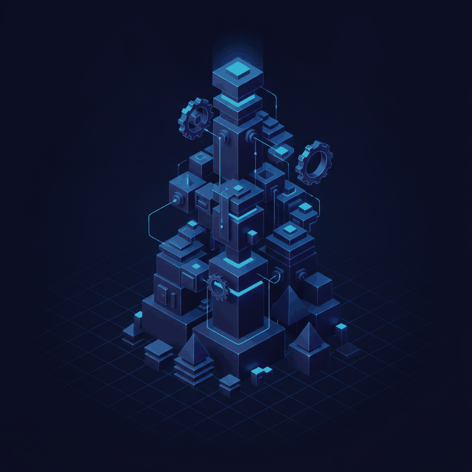 Isometric illustration of geometric blocks assembling into a rising structure