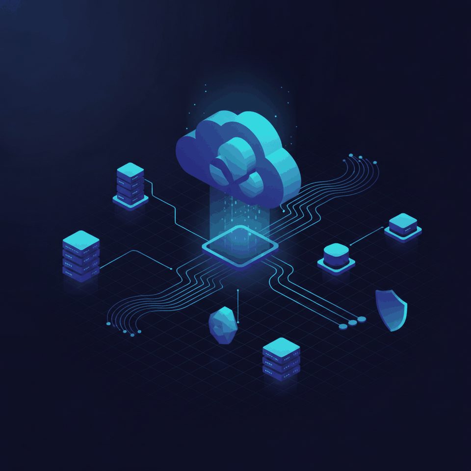 Isometric illustration of a platform architecture with connected services