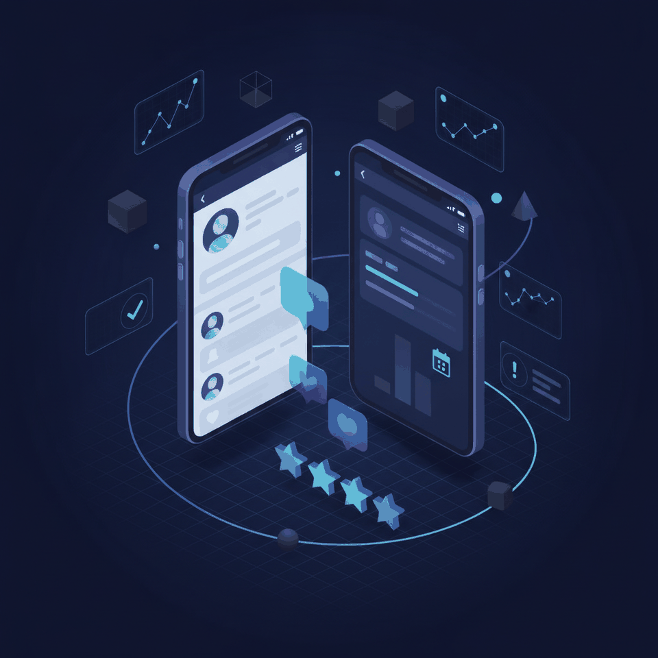Isometric illustration of mobile app development with two phones and interface cards